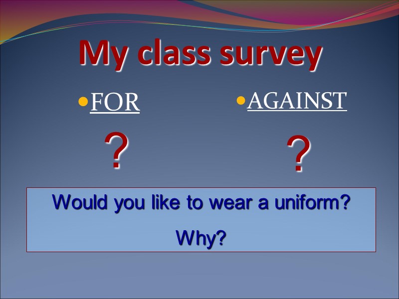 My class survey FOR AGAINST Would you like to wear a uniform? Why? ?